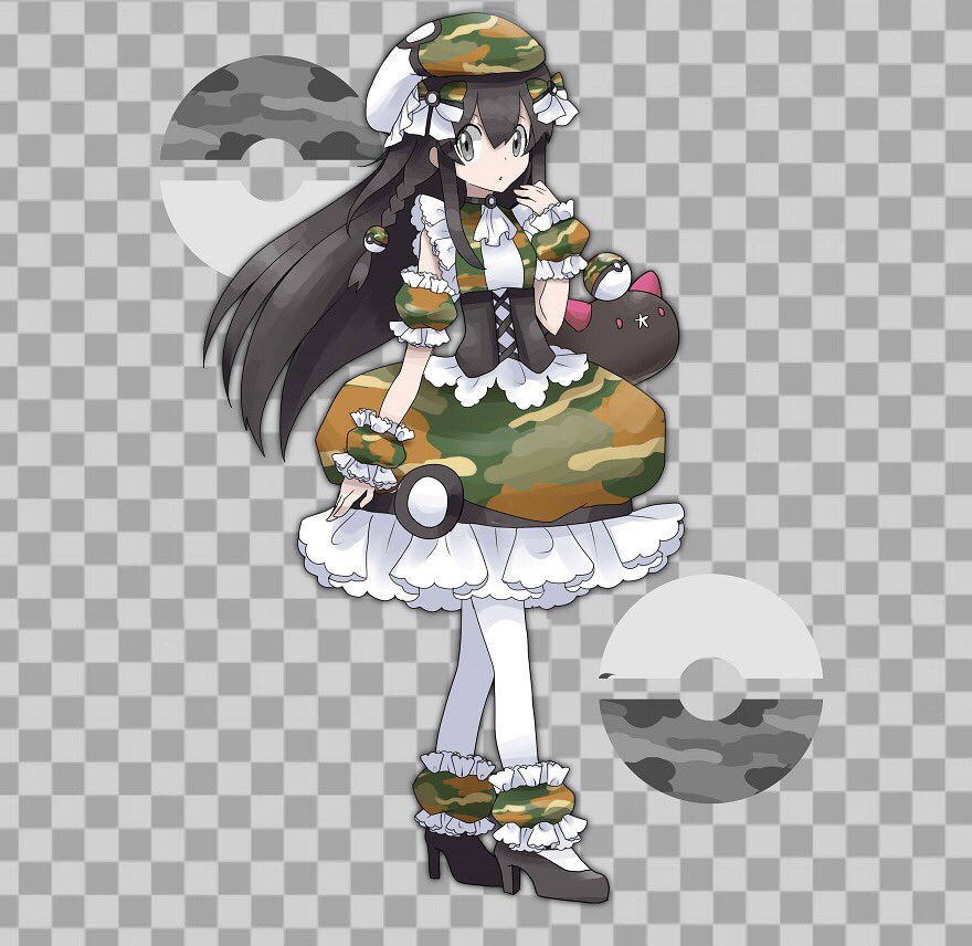 1girl alternate_costume bangs black_footwear black_hair bow braid camouflage camouflage_dress camouflage_hat checkered checkered_background commentary corset dress flat_chest frilled_dress frills full_body gen_7_pokemon green_headwear grey_background grey_eyes hair_between_eyes hair_bow hair_ornament hand_up hat high_heels jpeg_artifacts long_hair looking_to_the_side namako_plum official_style open_mouth pantyhose pink_eyes plum_(plum_no_bouken_note) plum_no_bouken_note poke_ball poke_ball_symbol pokemon pokemon_(creature) pyukumuku safari_ball shoes simple_background sleeveless sleeveless_dress solo_focus standing tied_hair twin_braids two-tone_background virtual_youtuber white_legwear