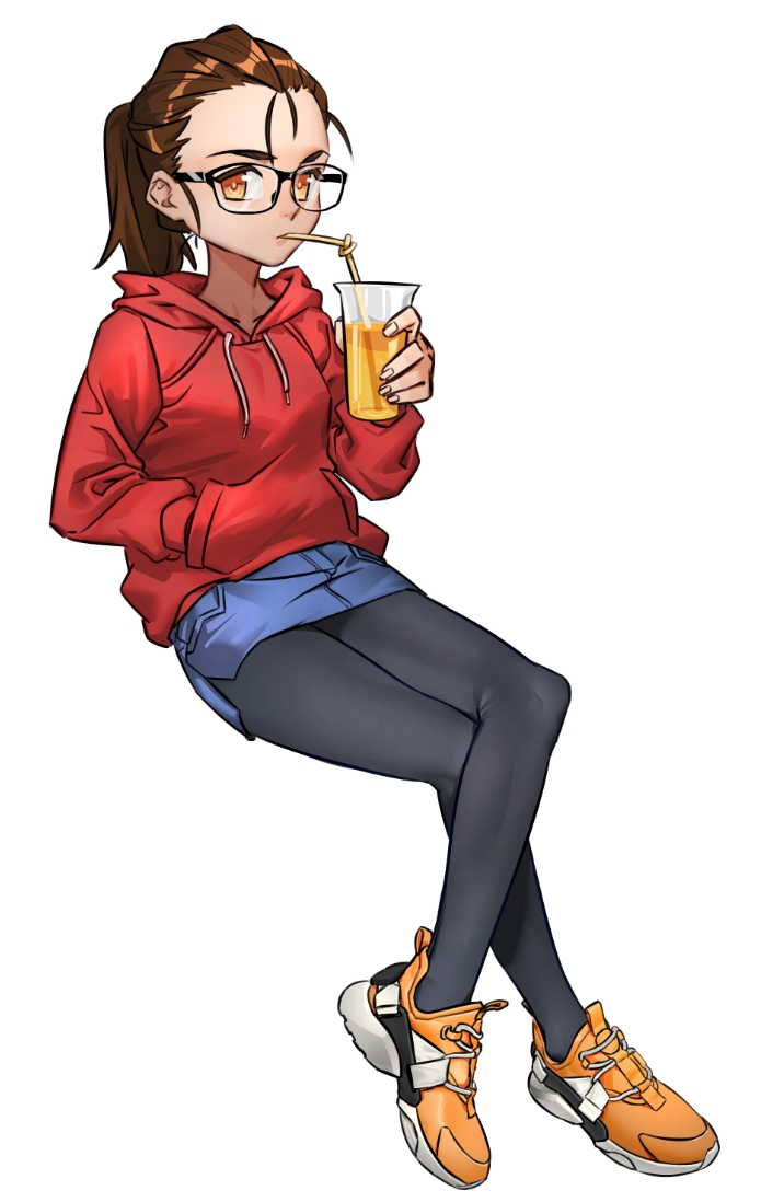 1girl black_legwear brown_eyes brown_hair chinese_commentary commentary_request crossed_legs cup denim denim_skirt drink drinking_straw glasses hair_between_eyes hood hoodie looking_at_viewer miniskirt original pantyhose ponytail sesese shoes side_slit simple_background sitting skirt sneakers white_background