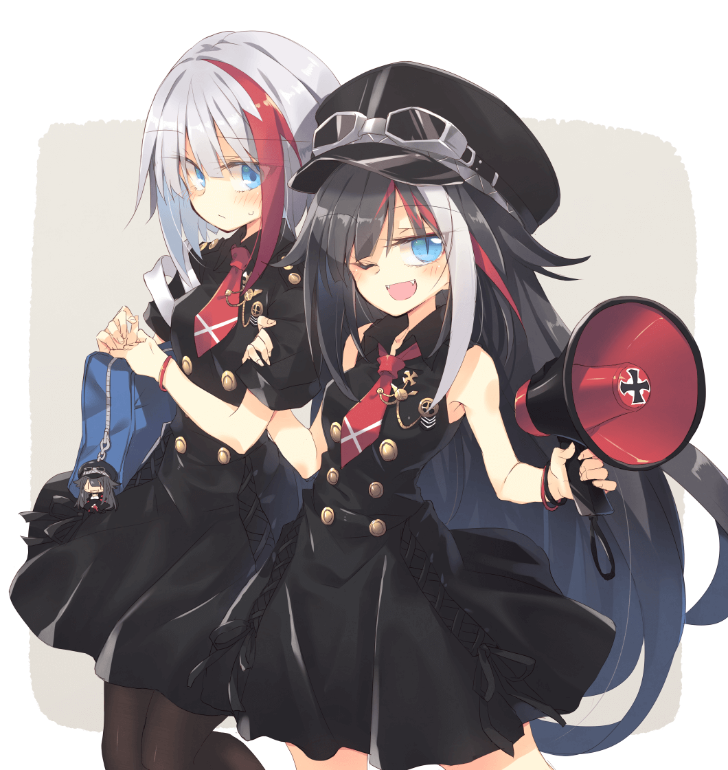 2girls admiral_graf_spee_(azur_lane) alternate_costume azur_lane bag bangs bare_shoulders black_hair black_legwear black_skirt blue_eyes blush character_doll commentary deutschland_(azur_lane) double-breasted embarrassed eyebrows_visible_through_hair fangs goggles goggles_on_headwear hat holding_another's_arm holding_megaphone iron_cross long_hair looking_at_viewer megaphone military_hat multicolored_hair multiple_girls necktie neckwear one_eye_closed pantyhose red_neckwear satou_kibi school_bag school_uniform short_hair short_sleeves siblings sisters skirt sleeveless slit_pupils streaked_hair sweatdrop very_long_hair white_hair wristband