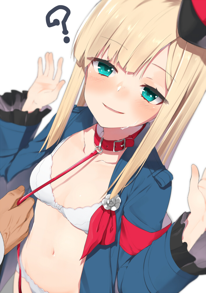 1girl ? bangs blonde_hair blue_coat blue_eyes blurry blurry_background blush bra breasts coat collar collarbone commentary_request dog_collar eyebrows_visible_through_hair fate/grand_order fate_(series) frilled_sleeves frills hands_up hat holding_leash leash long_hair long_sleeves lord_el-melloi_ii_case_files navel no_pants open_clothes open_coat panties parted_lips peaked_cap red_collar reines_el-melloi_archisorte simple_background small_breasts solo_focus stomach straight_hair sweat tilted_headwear underwear white_background white_bra white_panties wide_sleeves yuuzuki_(re'ef)