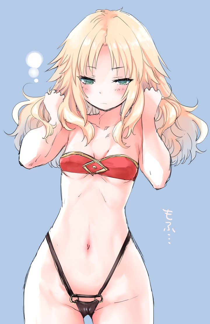1girl ass_visible_through_thighs bandeau blonde_hair blue_background blush breasts cowboy_shot cutoff_jeans cutoffs embarrassed fate/apocrypha fate/grand_order fate_(series) green_eyes groin hair_down hands_in_hair long_hair mordred_(fate) mordred_(fate)_(all) mozu_(peth) navel small_breasts solo