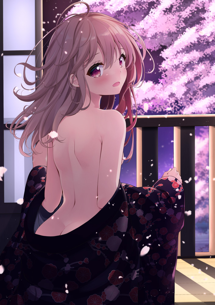 1girl :d ahoge ass back bare_shoulders black_kimono blush brown_hair cherry_blossoms commentary_request floral_print indoors japanese_clothes kimono long_hair looking_at_viewer looking_back open_mouth original petals print_kimono sasahara_wakaba shoulder_blades sidelocks smile solo standing violet_eyes