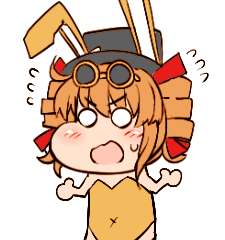 1girl animal_ears bangs black_headwear blush bunnysuit chibi commentary_request drill_hair eyebrows_visible_through_hair eyewear_on_head fake_animal_ears flying_sweatdrops hair_between_eyes hair_ribbon hands_up hat lowres o_o open_mouth orange_hair rabbit_ears red_ribbon ribbon roki_(hirokix) short_hair simple_background solo sunglasses sweat top_hat touhou twin_drills twintails upper_body white_background yorigami_jo'on