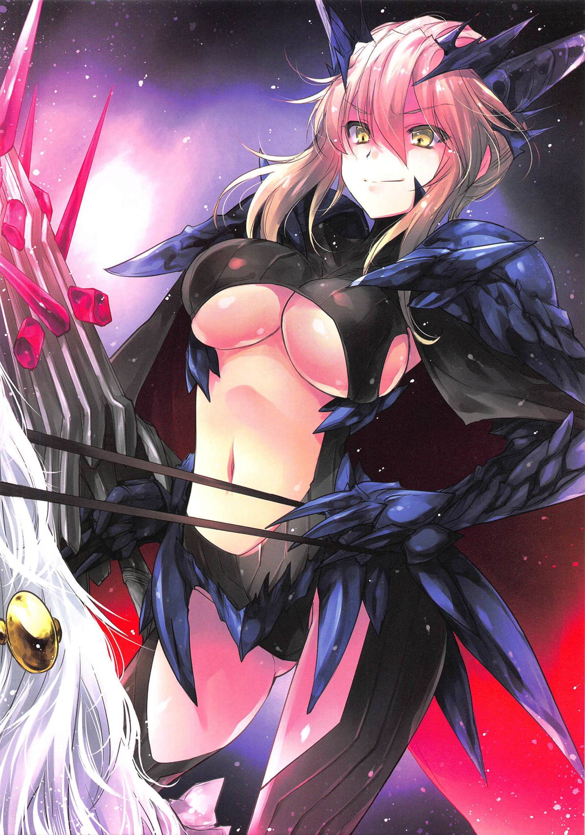 1girl artoria_pendragon_(all) artoria_pendragon_(lancer_alter) black_leotard blonde_hair breasts cosplay_request fate/grand_order fate_(series) floating_hair hair_between_eyes highres holding holding_sword holding_weapon kobayashi_yoshitaka large_breasts leotard long_hair midriff navel revealing_clothes riding shiny shiny_hair shoulder_armor sideboob smile solo spaulders stomach sword under_boob weapon yellow_eyes