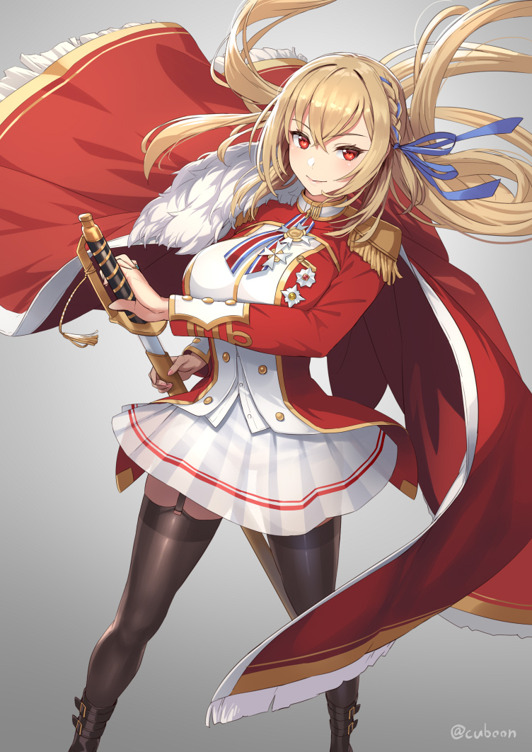 1girl azur_lane blonde_hair cloak commentary_request cuboon drawing_sword epaulettes fur_trim garter_straps hair_ribbon holding holding_sheath holding_sword holding_weapon king_george_v_(azur_lane) medal military military_uniform red_eyes ribbon saber_(weapon) see-through_silhouette sheath skirt smile solo standing sword thigh-highs twitter_username uniform weapon