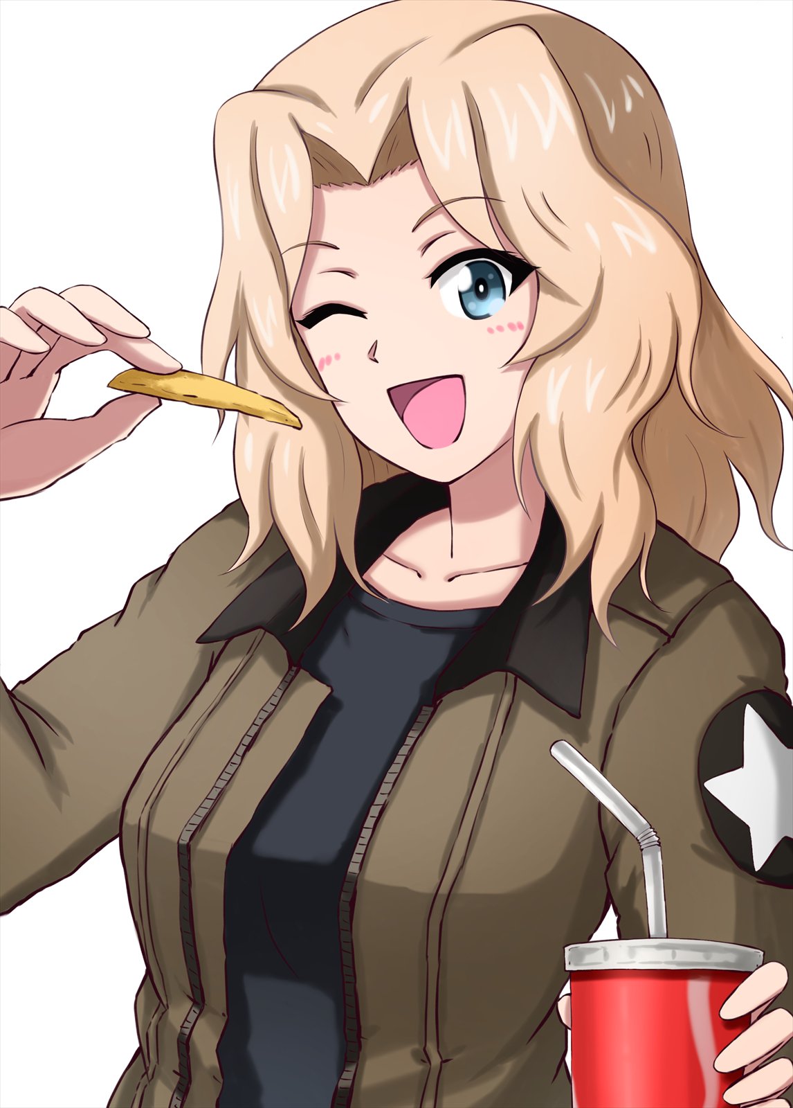 1girl ;d black_shirt blonde_hair blue_eyes brown_jacket commentary cup disposable_cup drinking_straw emblem eyebrows_visible_through_hair food french_fries girls_und_panzer hair_intakes head_tilt highres holding holding_cup holding_food jacket kay_(girls_und_panzer) light_blush long_hair long_sleeves looking_at_viewer military military_uniform omachi_(slabco) one_eye_closed open_clothes open_jacket open_mouth saunders_military_uniform shirt simple_background smile solo star uniform upper_body white_background