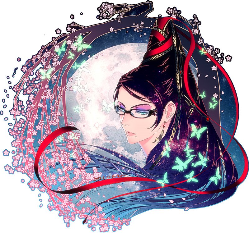 1girl amulet bayonetta bayonetta_(character) beehive_hairdo black_hair bodysuit earrings eyeshadow flower glasses jewelry lipstick looking_at_viewer makeup mole mole_under_mouth namaqo_k simple_background smile solo