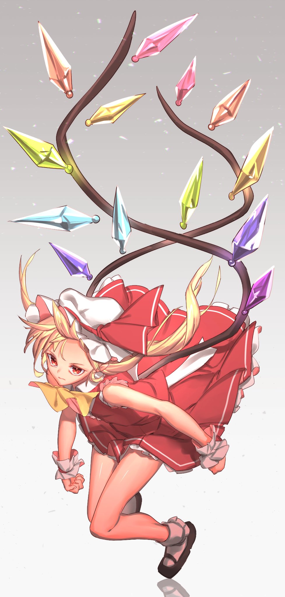 1girl ascot bare_arms bare_legs bare_shoulders black_footwear blonde_hair clenched_hands commentary_request crystal derivative_work flandre_scarlet full_body gradient gradient_background grey_background hat hat_ribbon highres long_hair looking_at_viewer mary_janes masanaga_(tsukasa) mob_cap petticoat red_eyes red_ribbon red_skirt red_vest reflection ribbon shoes side_ponytail skirt skirt_set socks solo thighs touhou vest white_headwear white_legwear wings wrist_cuffs yellow_neckwear