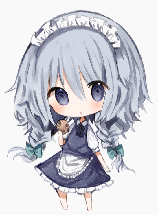 1girl :o apron bangs black_bow blue_dress blue_eyes blue_hair blush bow braid chibi chocolate_chip_cookie collared_shirt commentary_request cookie cottontailtokki dress eyebrows_visible_through_hair food frilled_apron frilled_dress frills full_body green_bow grey_background hair_between_eyes hair_bow holding holding_food izayoi_sakuya long_hair parted_lips puffy_short_sleeves puffy_sleeves shirt short_sleeves simple_background sleeveless sleeveless_dress solo standing touhou twin_braids very_long_hair waist_apron white_apron white_shirt