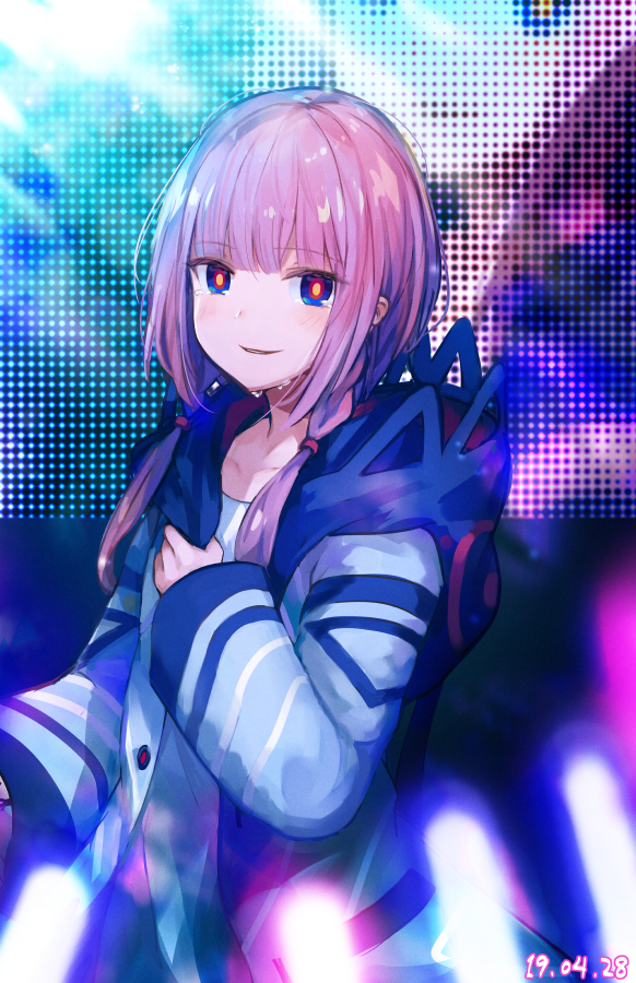 1girl bangs blue_eyes blush collarbone dated eyebrows_visible_through_hair glowstick hair_between_eyes hair_over_shoulder hood hood_down hooded_jacket jacket kaf long_hair long_sleeves looking_at_viewer low_twintails open_clothes open_jacket parted_lips pink_hair roll_okashi shirt smile solo twintails upper_body virtual_kaf virtual_youtuber white_jacket white_shirt