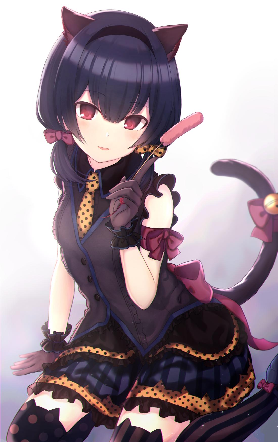 1girl animal_ears arm_ribbon asymmetrical_legwear bangs black_legwear black_vest blue_hair blue_skirt blush bow buttons cat_ears cat_tail cat_teaser commentary cotrpopor eyebrows_visible_through_hair feet_out_of_frame gradient gradient_background hair_between_eyes hair_bow hairband hand_on_floor highres holding_toy idolmaster idolmaster_shiny_colors kemonomimi_mode layered_skirt looking_at_viewer morino_rinze open_mouth orange_neckwear polka_dot polka_dot_legwear polka_dot_neckwear red_bow red_eyes ribbon seiza short_hair simple_background sitting skirt sleeveless smile solo striped striped_legwear tail thigh-highs thighs vertical-striped_legwear vertical_stripes vest zettai_ryouiki