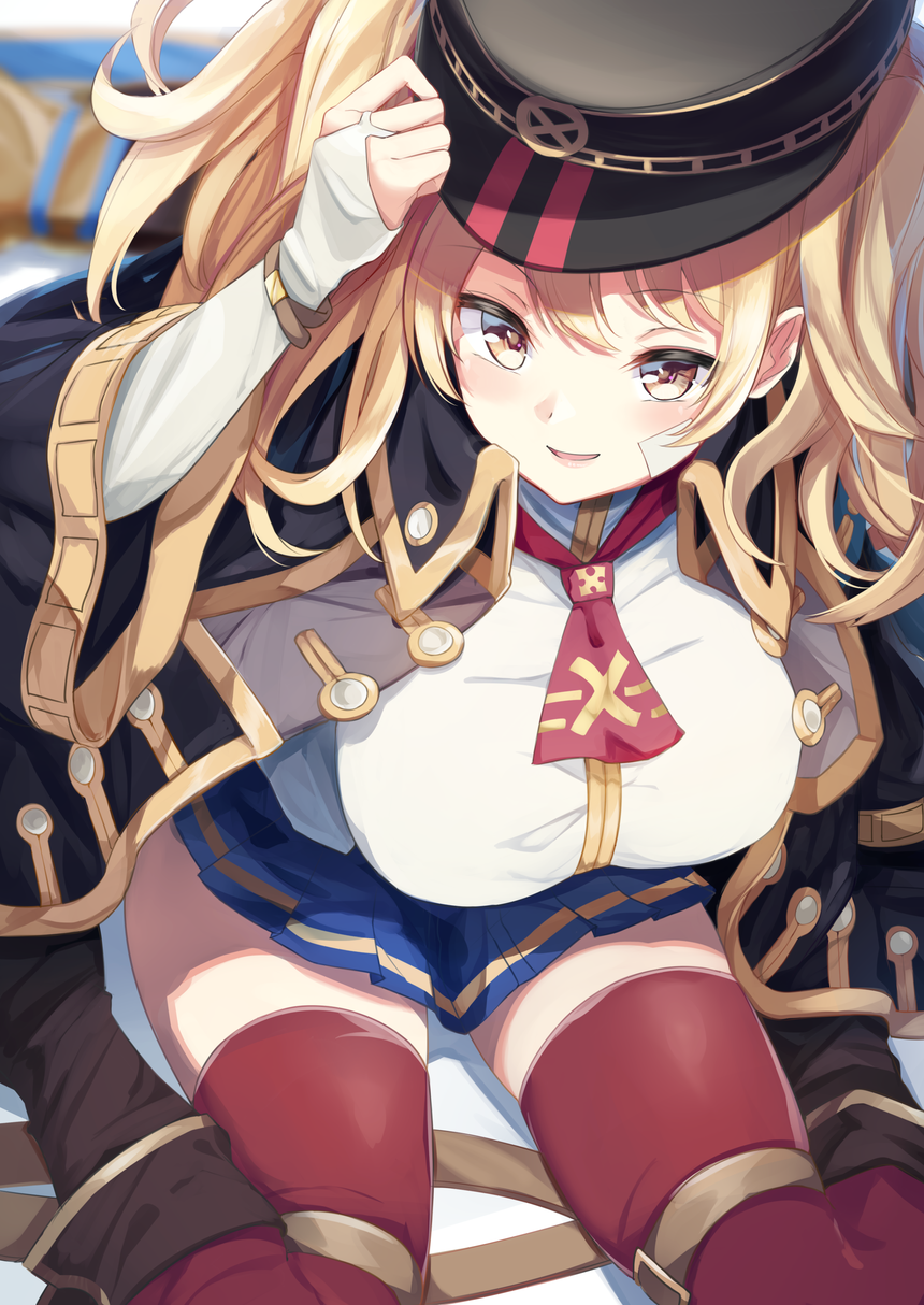 1girl adjusting_clothes adjusting_hat arm_up ascot bangs black_coat black_footwear black_headwear blonde_hair blue_skirt blurry blurry_background blush boots breasts bridal_gauntlets brown_eyes coat commentary_request gloves granblue_fantasy hat highres igakusei knee_boots large_breasts looking_at_viewer miniskirt monica_weisswind open_clothes open_coat open_mouth peaked_cap pleated_skirt red_legwear red_neckwear shadow shirt sitting skirt smile solo thigh-highs thighs twintails wariza white_gloves white_shirt wing_collar zettai_ryouiki
