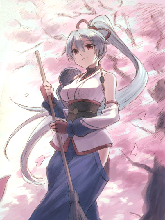 1girl armor asymmetrical_sleeves blue_hakama breasts broom cherry_blossoms commentary_request detached_sleeves fate/grand_order fate_(series) fingerless_gloves gloves hair_between_eyes hair_ribbon hakama hip_vent holding holding_broom japanese_armor japanese_clothes kimono long_hair looking_at_viewer looking_down medium_breasts obi petals ponytail red_eyes red_gloves red_ribbon ribbon sash short_kimono shoulder_armor silver_hair single_detached_sleeve sode solo takakura_(54baaaan) tomoe_gozen_(fate/grand_order) tree very_long_hair white_kimono