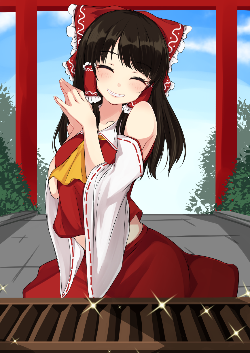 1girl ^_^ ascot bangs bare_shoulders black_hair blue_sky blush bow box breasts closed_eyes clouds collarbone cowboy_shot crop_top day detached_sleeves donation_box facing_viewer frilled_bow frills grin hair_bow hair_tubes hakurei_reimu hands_up head_tilt highres long_hair long_sleeves medium_breasts midriff outdoors own_hands_together paburisiyasu red_bow red_skirt ribbon-trimmed_sleeves ribbon_trim sidelocks skirt skirt_set sky smile solo sparkle standing torii touhou wide_sleeves yellow_neckwear