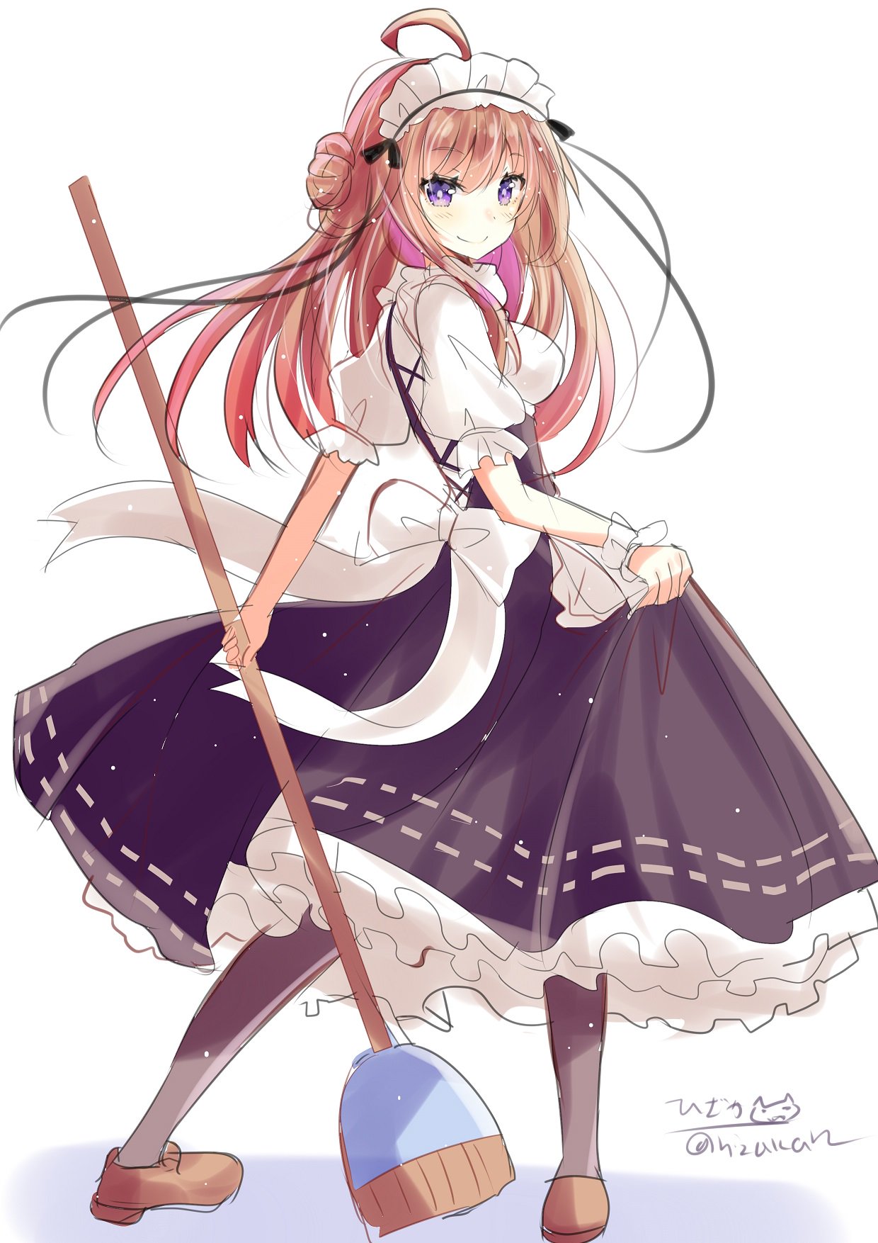 1girl alternate_costume apron black_dress black_legwear blush broom brown_footwear brown_hair closed_mouth commentary_request double_bun dress eyebrows_visible_through_hair full_body hair_between_eyes hair_ornament highres hizaka kantai_collection kongou_(kantai_collection) long_hair maid maid_apron maid_headdress pantyhose petticoat smile solo violet_eyes waist_apron