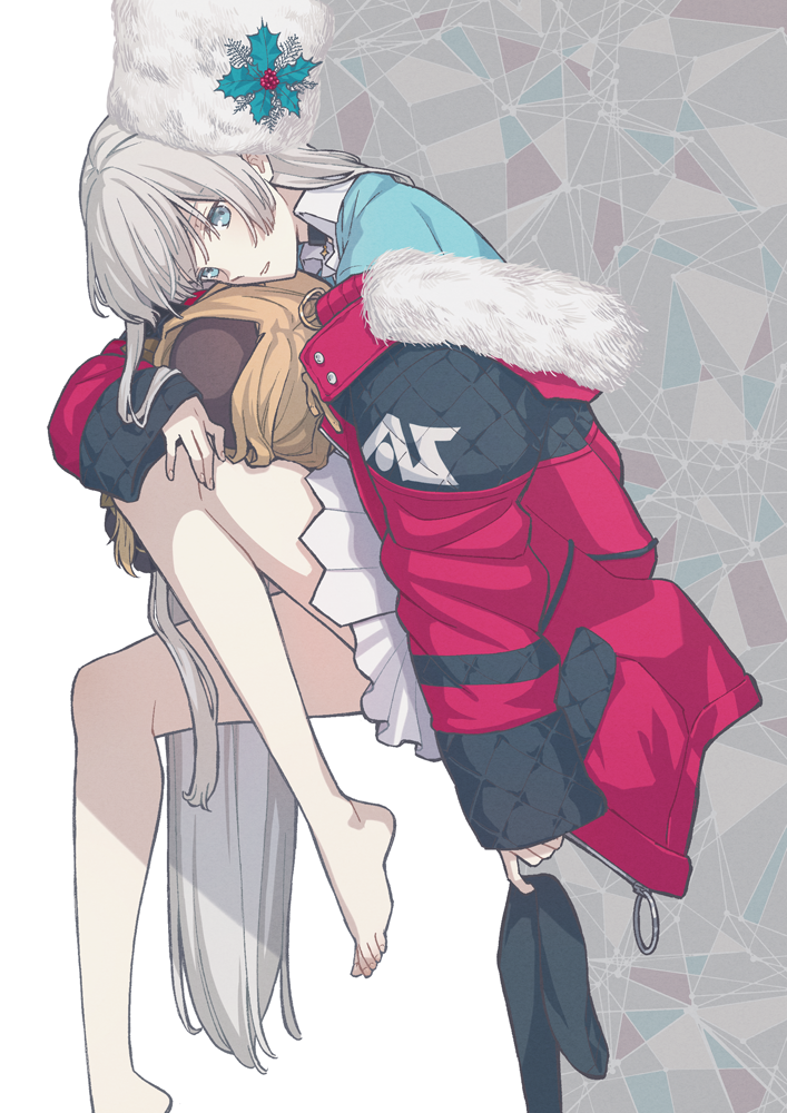 1girl anastasia_(fate/grand_order) bangs barefoot black_legwear blue_eyes blue_sweater brown_hair commentary_request crown eyebrows_visible_through_hair fate/grand_order fate_(series) fingernails fur-trimmed_jacket fur_hat fur_trim grey_hair hair_between_eyes hat jacket knee_up long_hair long_sleeves looking_at_viewer looking_to_the_side mini_crown niu_illuminator off_shoulder open_clothes open_jacket parted_lips pleated_skirt red_jacket sitting skirt sleeves_past_wrists solo sweater thigh-highs thighhighs_removed very_long_hair white_background white_headwear white_skirt