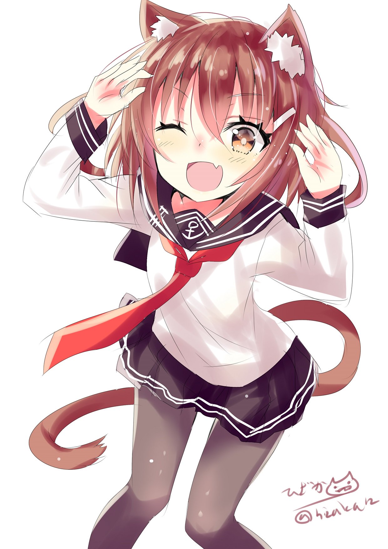 1girl anchor_symbol animal_ears black_legwear blush brown_hair cat_ears cat_tail commentary_request eyebrows_visible_through_hair fang hair_between_eyes hair_ornament hairclip highres hizaka ikazuchi_(kantai_collection) kantai_collection kemonomimi_mode long_sleeves neckerchief one_eye_closed open_mouth pantyhose pleated_skirt red_neckwear school_uniform serafuku short_hair simple_background skirt solo tail white_background