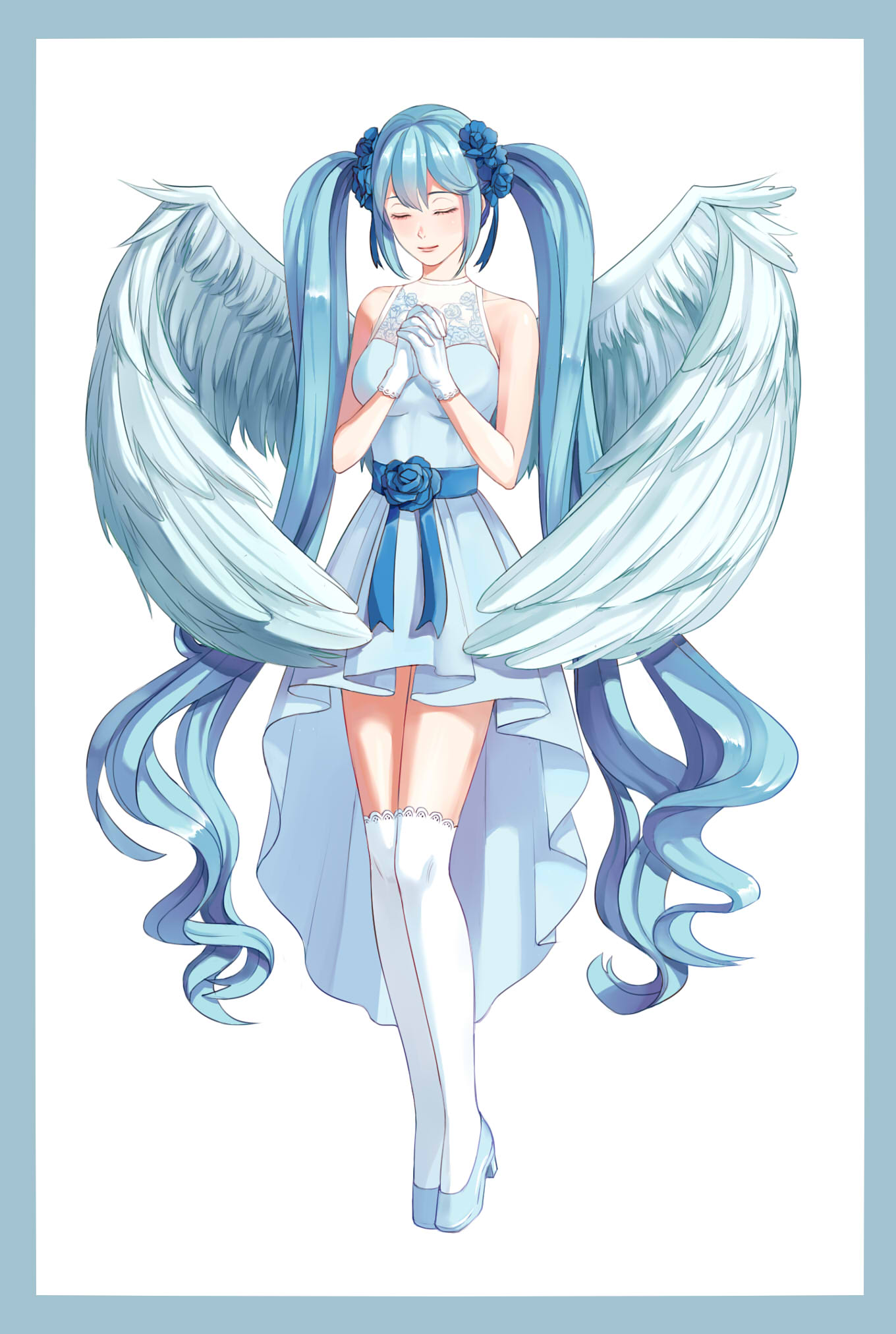 1girl angel_wings blue_footwear blue_hair closed_eyes dress facing_viewer full_body gloves hair_ornament hair_scrunchie hands_together hands_up hatsune_miku highres long_hair scrunchie simple_background sleeveless sleeveless_dress solo sora_(bl190) standing thigh-highs twintails very_long_hair vocaloid white_background white_dress white_gloves white_legwear white_wings wings