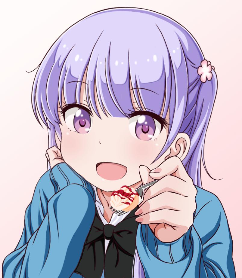 1girl bangs blue_hair blunt_bangs blush flower hair_flower hair_ornament long_hair new_game! open_mouth simple_background solo suzukaze_aoba twintails upper_body violet_eyes white_background