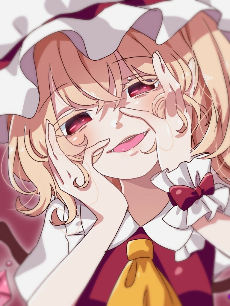 1girl :d ascot bangs blonde_hair blush bow collared_shirt colored_eyelashes commentary_request crystal eringi_(rmrafrn) eyebrows_visible_through_hair fangs flandre_scarlet hair_between_eyes half-closed_eyes hands_on_own_face hat head_tilt long_hair mob_cap open_mouth puffy_short_sleeves puffy_sleeves red_bow red_eyes red_vest shirt short_sleeves smile solo touhou upper_body vest white_headwear white_shirt wings wrist_cuffs yandere_trance yellow_neckwear