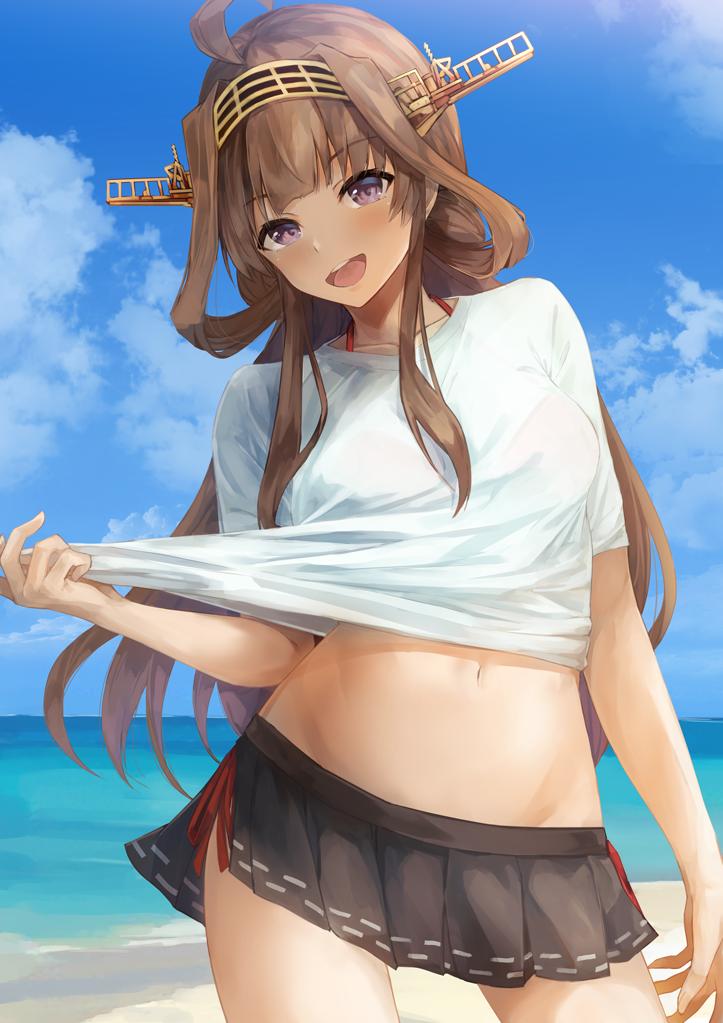 1girl :d ahoge bangs beach bikini bikini_skirt bikini_under_clothes blue_sky blush breasts brown_hair clouds commentary_request contrapposto cowboy_shot day double_bun groin hairband head_tilt headgear kantai_collection kongou_(kantai_collection) konkito long_hair looking_at_viewer miniskirt navel ocean open_mouth outdoors pleated_skirt red_bikini remodel_(kantai_collection) sand shirt shirt_tug side-tie_bikini sidelocks skirt sky smile solo stomach swimsuit white_shirt