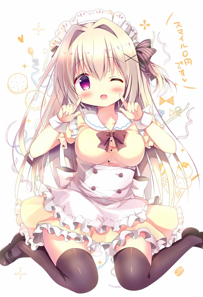 1girl ;d apron azumi_kazuki bangs black_footwear blush bow breasts brown_bow brown_dress brown_legwear collarbone collared_dress commentary double_scoop dress eyebrows_visible_through_hair food frilled_apron frilled_dress frills hair_between_eyes hair_bow hair_intakes hair_ornament hands_up heart ice_cream ice_cream_cone light_brown_hair long_hair looking_at_viewer maid maid_headdress mary_janes medium_breasts one_eye_closed one_side_up open_mouth original puffy_short_sleeves puffy_sleeves shoes short_sleeves sitting smile solo striped striped_bow thigh-highs translated very_long_hair violet_eyes waist_apron wariza white_apron white_background wrist_cuffs x_hair_ornament