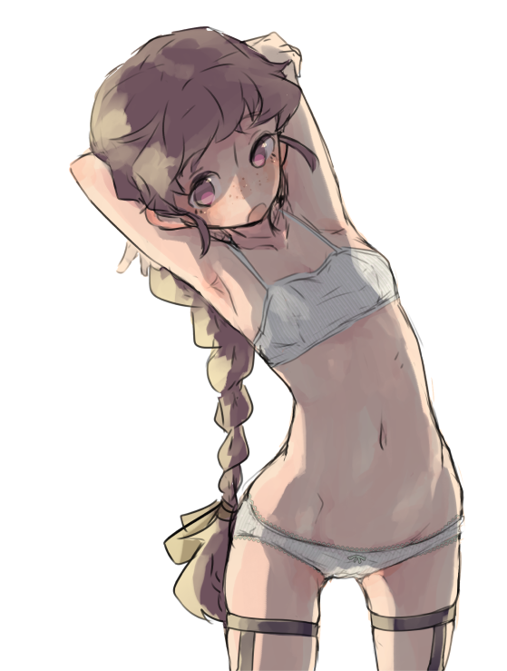 1girl arm_behind_head armpits braid braided_ponytail breasts brown_hair freckles garter_straps green_ribbon groin hair_ribbon isuzu_(log_horizon) leaning_to_the_side log_horizon long_hair mo_(deciliter) navel open_mouth pink_eyes ribbon simple_background single_braid sketch small_breasts solo standing thigh_strap underwear underwear_only very_long_hair white_background