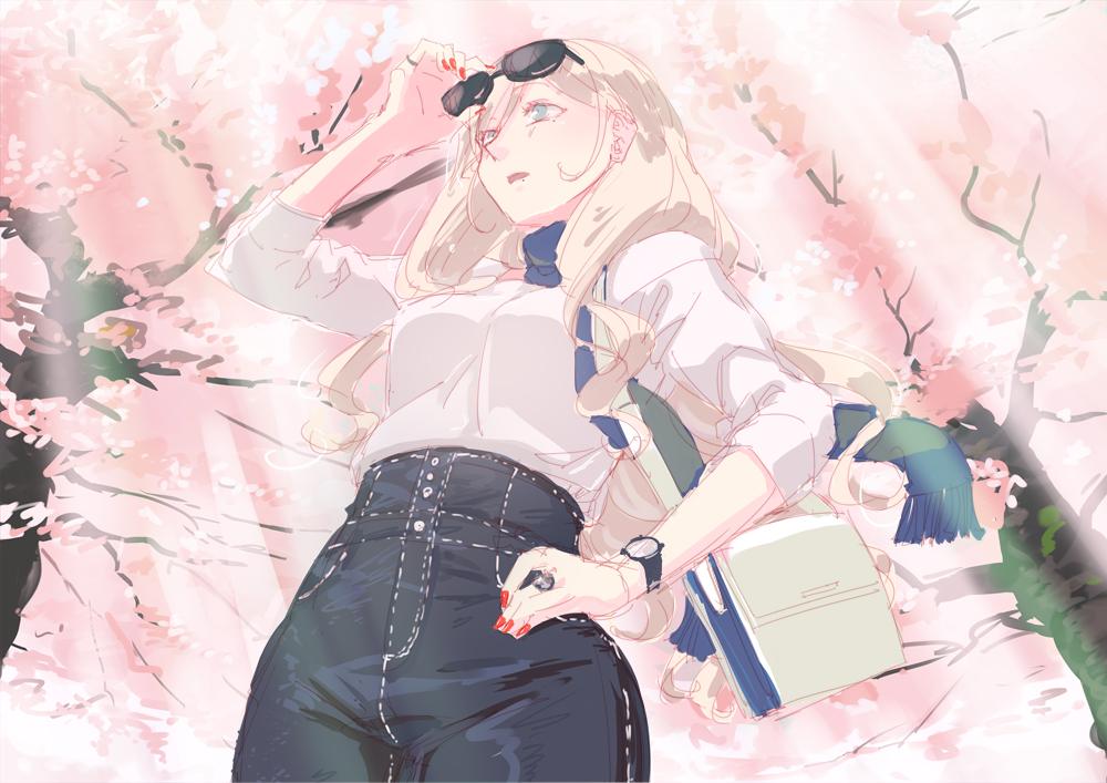 1girl bag blonde_hair blue_eyes blue_scarf cherry_blossoms commentary_request cowboy_shot eyewear_on_head from_below hair_between_eyes hand_on_hip high-waist_pants kantai_collection long_hair mole mole_under_eye mole_under_mouth nail_polish red_nails richelieu_(kantai_collection) scarf shirt shoulder_bag solo standing sunglasses takuzui tree watch watch white_shirt