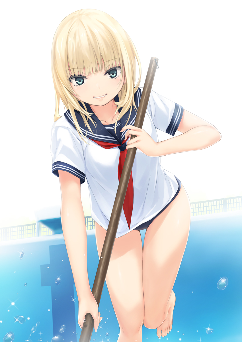 1girl bangs bare_legs barefoot blonde_hair blue_eyes blue_sailor_collar blue_swimsuit blush coffee-kizoku collarbone commentary_request eyebrows_visible_through_hair highres long_hair looking_at_viewer neckerchief original parted_lips pool red_neckwear sailor_collar school_swimsuit school_uniform serafuku shirt short_sleeves smile solo standing standing_on_one_leg swimsuit swimsuit_under_clothes white_background white_shirt