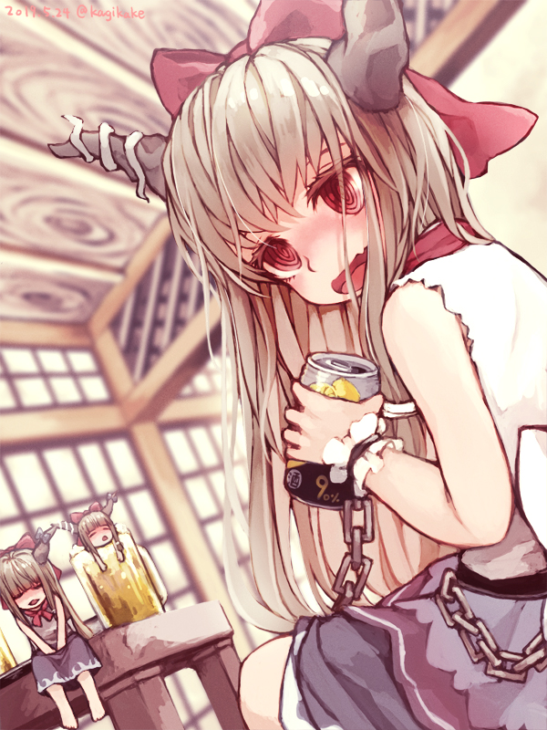 3girls :d @_@ alcohol barefoot beer beer_mug blurry blurry_background blush bow can chain closed_eyes commentary_request cup dated depth_of_field drunk dutch_angle fang frills hair_bow holding holding_can horns ibuki_suika in_container in_cup indian_style indoors kazaguruma light_brown_hair long_hair looking_to_the_side multiple_girls multiple_persona neck_ribbon nose_blush on_table open_mouth purple_skirt red_bow red_eyes red_ribbon ribbon shirt sitting sitting_on_table skin_fang skirt sleeveless sleeveless_shirt smile table touhou twitter_username v_arms white_shirt wrist_cuffs