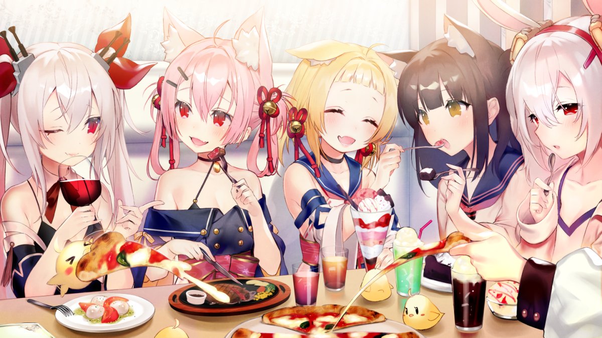 5girls :d ;) ^_^ ahoge animal_ear_fluff animal_ears ariake_(azur_lane) azur_lane bangs bare_shoulders bell black_hair blonde_hair blush breasts cat_ears closed_eyes collarbone commentary_request cup eating eyebrows_visible_through_hair fang fangs feeding food hair_between_eyes hair_ornament hair_ribbon hair_rings hairband hatsushimo_(azur_lane) holding holding_cup holding_food japanese_clothes jingle_bell laffey_(azur_lane) long_hair looking_at_viewer manjuu_(azur_lane) multiple_girls off-shoulder_shirt off_shoulder official_art one_eye_closed open_mouth pink_hair pinky_out pizza pointing rabbit_ears red_eyes ribbon shirako_sei shirt short_hair silver_hair sitting small_breasts smile twintails two_side_up vampire_(azur_lane) yellow_eyes yuugure_(azur_lane)