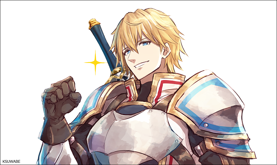 1boy armor artist_name bangs black_border blonde_hair blue_eyes border brown_gloves clenched_hand commentary ex_albio gloves grin hair_between_eyes hand_up kei-suwabe looking_at_viewer male_focus nijisanji shoulder_armor smile solo sparkle sword sword_hilt upper_body virtual_youtuber weapon white_background
