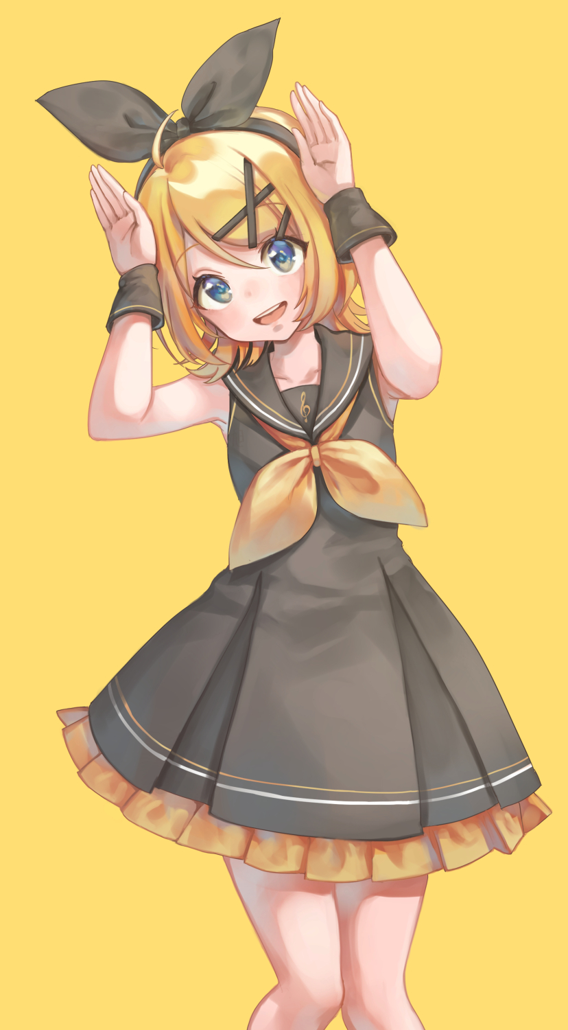 1girl armpits asahi_yuuji bare_shoulders black_bow black_dress black_wrist_cuffs blonde_hair blue_eyes borrowed_design bow bowtie collarbone commentary dress frilled_dress frills hair_bow hair_ornament hairclip hands_up highres kagamine_rin light_blush looking_up short_hair simple_background smile solo treble_clef upper_body vocaloid vocaloid_(sour-type_ver) wrist_cuffs yellow_background