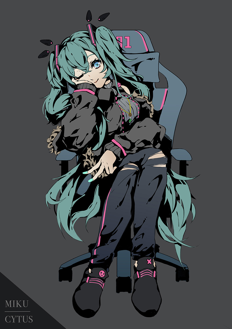 1girl ;) arm_support bangs black_footwear black_jacket black_pants blue_eyes breasts chair character_name closed_mouth commentary copyright_name cytus fingernails full_body green_hair green_nails grey_background grey_sweater hair_between_eyes hair_ornament hatsune_miku hiro_chikyuujin jacket long_hair long_sleeves medium_breasts nail_polish office_chair on_chair one_eye_closed open_clothes open_jacket pants puffy_long_sleeves puffy_sleeves ribbed_sweater shoes sitting smile solo sweater torn_clothes torn_pants turtleneck turtleneck_sweater twintails two-tone_background very_long_hair vocaloid