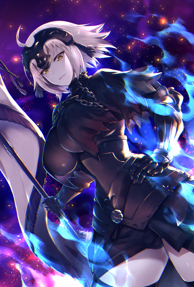 1girl ahoge breasts chain collar commentary_request embers fate/grand_order fate_(series) fire flag gauntlets hand_on_hip headpiece holding holding_flag jeanne_d'arc_(alter)_(fate) jeanne_d'arc_(fate)_(all) large_breasts looking_at_viewer short_hair smirk solo standing thigh-highs tight_top tomoyohi upper_body white_hair yellow_eyes zettai_ryouiki