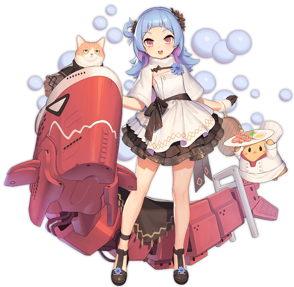1girl :d alternate_costume animal azur_lane bag bare_legs bird black_flower black_footwear black_gloves black_ribbon blue_hair capelet cat chick dress flower food full_body fur_capelet fur_trim gloves hair_flower hair_ornament hair_rings handbag holding holding_plate layered_dress long_hair looking_at_viewer machinery manjuu_(azur_lane) multicolored_hair official_art open_mouth pink_hair plate red_eyes ribbon sausage shoes smile solo strapless strapless_dress thighs transparent_background tsliuyixin two-tone_hair u-556_(azur_lane) white_capelet white_dress