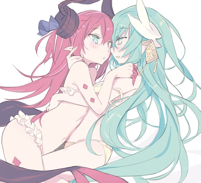 2girls bikini blade_(galaxist) blue_eyes bra breast_press breasts commentary elizabeth_bathory_(fate) elizabeth_bathory_(fate)_(all) eye_contact fate/grand_order fate_(series) green_eyes hair_between_eyes horns kiyohime_(fate/grand_order) long_hair looking_at_another multiple_girls navel panties pink_hair pointy_ears profile simple_background small_breasts strap_slip swimsuit symbol_commentary symmetrical_docking tail two_side_up underwear underwear_only very_long_hair white_background white_bikini yellow_bra yellow_panties yuri