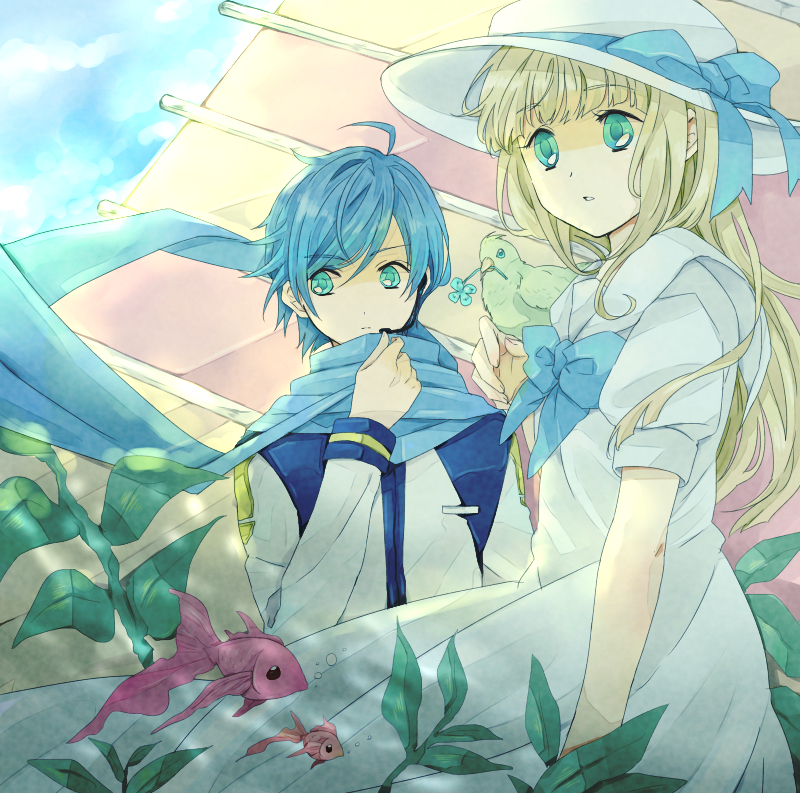 1boy 1girl ahoge animal animal_on_shoulder bangs bird bird_on_shoulder blonde_hair blue_bow blue_eyes blue_hair blue_scarf blunt_bangs bow bowtie commentary_request crossover dress fish hat hat_bow jacket kaito kohaku7776 long_hair long_sleeves looking_away outdoors parted_lips puffy_short_sleeves puffy_sleeves scarf seaweed short_sleeves shouka_tori sky utau vocaloid white_dress white_headwear white_jacket