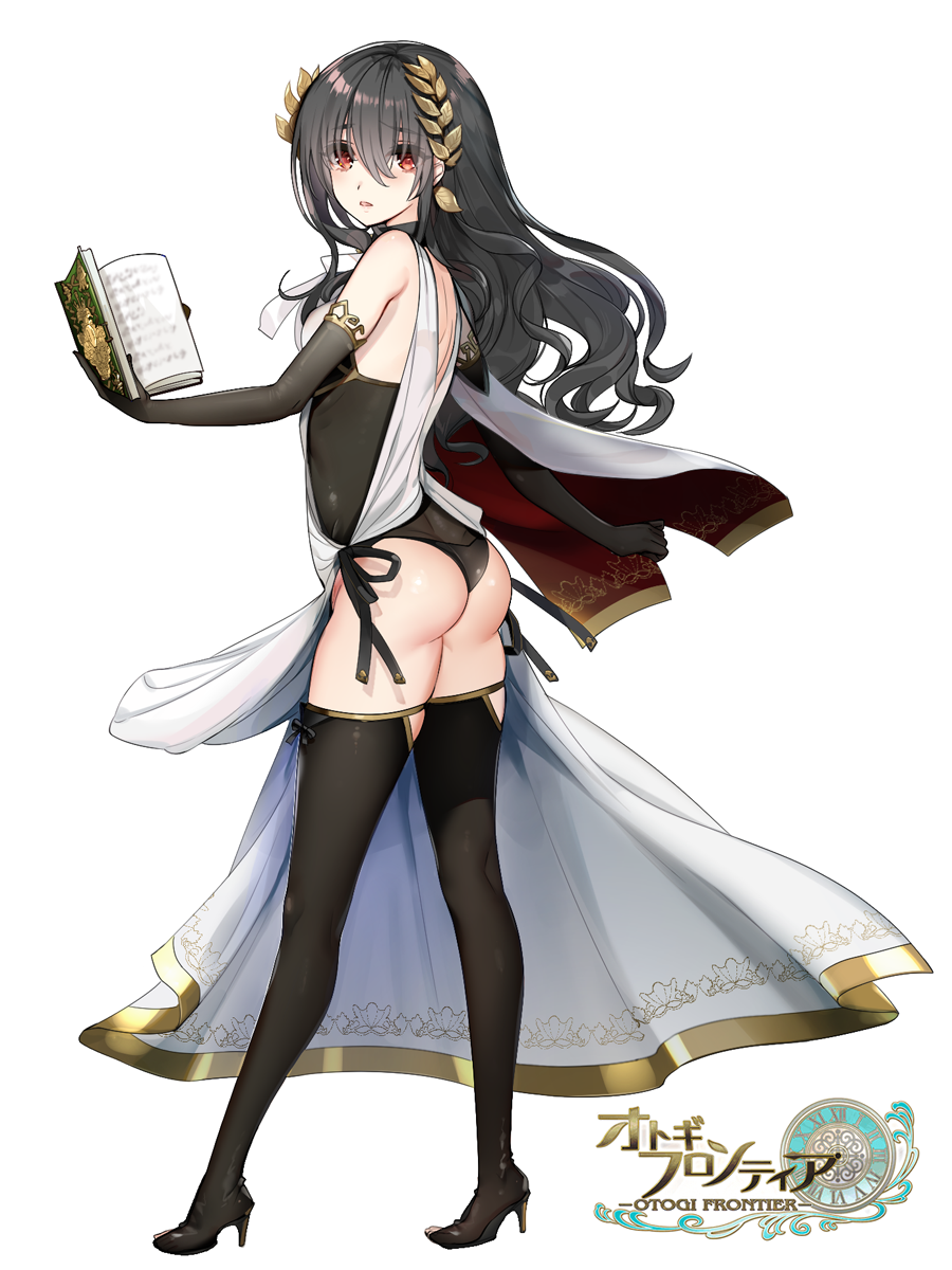 1girl ass bangs bare_shoulders black_footwear black_gloves black_hair black_leotard book boots cape commentary_request elbow_gloves eyebrows_visible_through_hair full_body gloves hair_ornament hayakawa_akari highres holding holding_book leotard logo long_hair looking_at_viewer looking_back open_book otogi_frontier red_eyes shiny shiny_clothes shiny_hair shiny_skin simple_background solo standing thigh-highs thigh_boots thighs white_background
