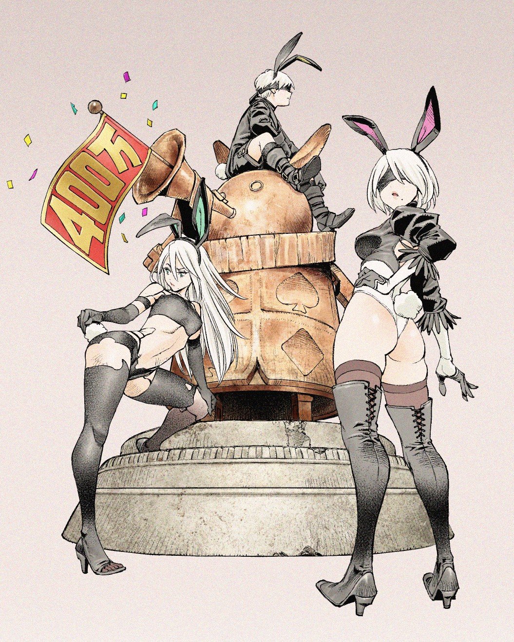 1boy 2girls android animal_ears ass black_hairband black_legwear blindfold boots breasts bunny_tail commentary_request diamond_(symbol) elbow_gloves feather-trimmed_sleeves flag gloves grey_background hairband high_heel_boots high_heels highleg highleg_leotard highres horn_(instrument) leotard long_hair machine_(nier) mole mole_under_mouth multiple_girls navel nier_(series) nier_automata rabbit_ears shinya_komi short_hair silver_hair sitting spade_(shape) standing statue stomach tail thigh-highs thighhighs_under_boots toeless_legwear yorha_no._2_type_b yorha_no._9_type_s yorha_type_a_no._2