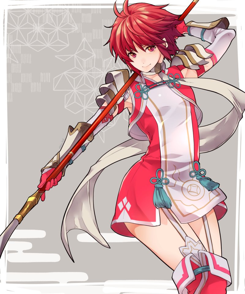1girl ataka_takeru blush fire_emblem fire_emblem_if gloves hair_over_one_eye hinoka_(fire_emblem_if) looking_at_viewer open_mouth polearm red_eyes redhead short_hair simple_background smile solo spear weapon