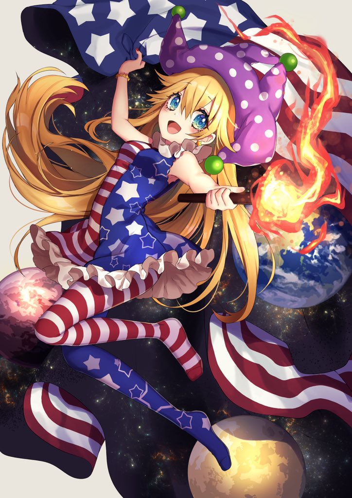 1girl :d alternate_eye_color american_flag american_flag_dress american_flag_legwear arm_up bangs bare_arms bare_shoulders bead_bracelet beads blonde_hair blue_dress blue_eyes blue_legwear blush bracelet breasts clownpiece commentary_request dress earth eyebrows_visible_through_hair flag full_body grey_background hair_between_eyes hat holding holding_flag holding_torch jester_cap jewelry kyouda_suzuka long_hair looking_at_viewer medium_breasts moon nail_polish neck_ruff no_shoes open_mouth pantyhose petticoat polka_dot polka_dot_hat purple_headwear red_dress red_legwear red_nails short_dress simple_background sleeveless sleeveless_dress smile solo space_print star star_print starry_sky_print striped striped_dress striped_legwear torch touhou very_long_hair white_dress white_legwear