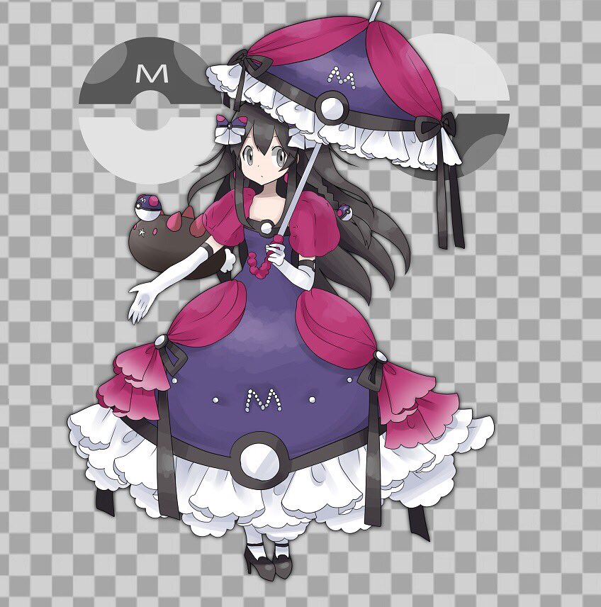 1girl alternate_costume bangs black_footwear black_hair bow braid checkered checkered_background commentary dress elbow_gloves flat_chest frilled_dress frills full_body gen_7_pokemon gloves grey_background grey_eyes hair_between_eyes hair_bow hair_ornament hand_up high_heels holding jpeg_artifacts long_hair looking_to_the_side master_ball namako_plum official_style outstretched_arm pantyhose parasol pink_eyes plum_(plum_no_bouken_note) plum_no_bouken_note poke_ball poke_ball_symbol pokemon pokemon_(creature) puffy_short_sleeves puffy_sleeves purple_bow purple_dress pyukumuku shoes short_sleeves simple_background solo_focus standing tied_hair twin_braids two-tone_background umbrella virtual_youtuber white_gloves white_legwear