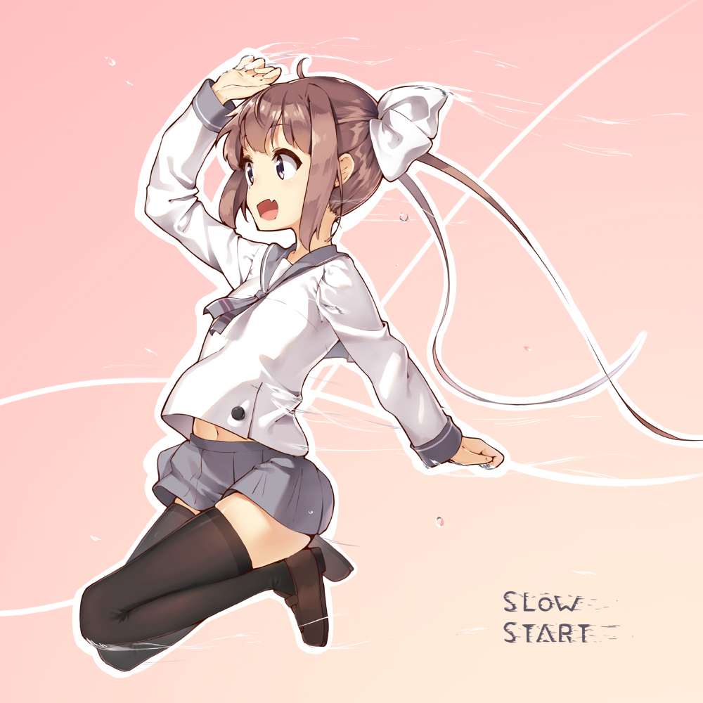 1girl black_footwear black_legwear blush bow brown_hair coffeiz_p copyright_name full_body grey_skirt hair_bow hand_up long_hair long_sleeves looking_to_the_side momochi_tamate motion_lines navel open_mouth pink_background school_uniform serafuku shirt sidelocks simple_background skirt slow_start smile thigh-highs twintails very_long_hair white_bow white_shirt