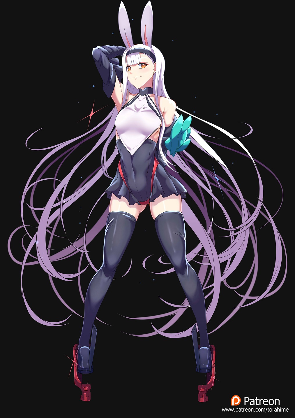 1girl animal_ears azur_lane bangs bare_shoulders black_background black_dress black_jacket blunt_bangs bow breasts brown_eyes dress floating_hair full_body hairband highleg highres jacket long_hair long_sleeves looking_at_viewer rabbit_ears red_ribbon ribbon shimakaze_(azur_lane) simple_background small_breasts smile solo standing torahime_(roland00) very_long_hair white_hair