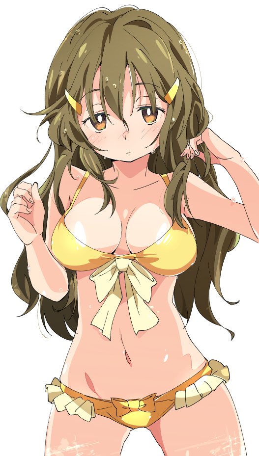 1girl bikini brown_eyes brown_hair hair_ornament hairclip ixy long_hair panties shinomiya_himawari short_shorts shorts solo swimsuit underwear vividred_operation wet wet_clothes wet_panties yellow_bikini