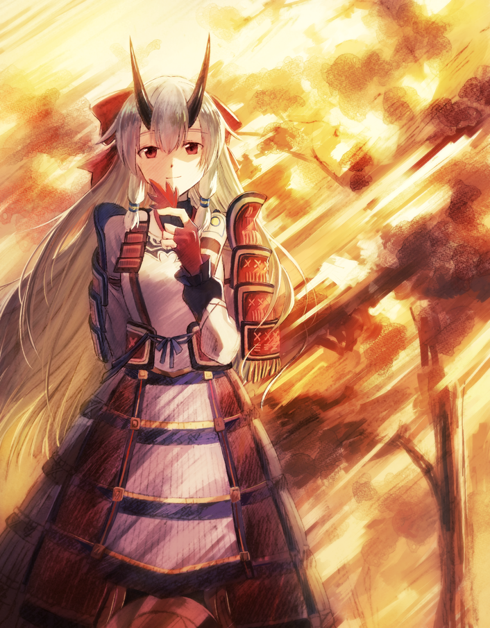 1girl armor bow commentary_request fate/grand_order fate_(series) fingerless_gloves gloves hair_between_eyes hair_bow holding holding_leaf horns japanese_armor kusazuri leaf light_smile long_hair maple_leaf oni oni_horns partial_commentary red_bow red_eyes red_gloves shoulder_armor silver_hair sode solo takakura_(54baaaan) tomoe_gozen_(fate/grand_order) tree very_long_hair