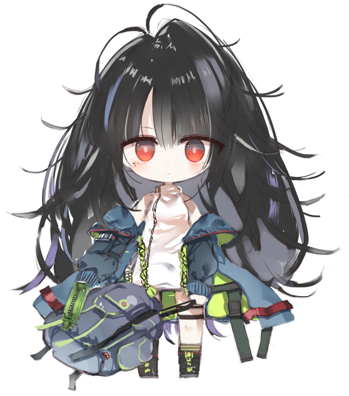 1girl bag bangs bare_shoulders black_footwear black_hair blue_jacket blush boots c-ms_(girls_frontline) chibi closed_mouth commentary_request eyebrows_visible_through_hair full_body girls_frontline hair_between_eyes holding holding_bag jacket kneehighs kotatu_(akaki01aoki00) long_hair looking_at_viewer off_shoulder open_clothes open_jacket red_eyes shirt simple_background sleeveless sleeveless_shirt solo standing striped striped_legwear very_long_hair white_background white_shirt