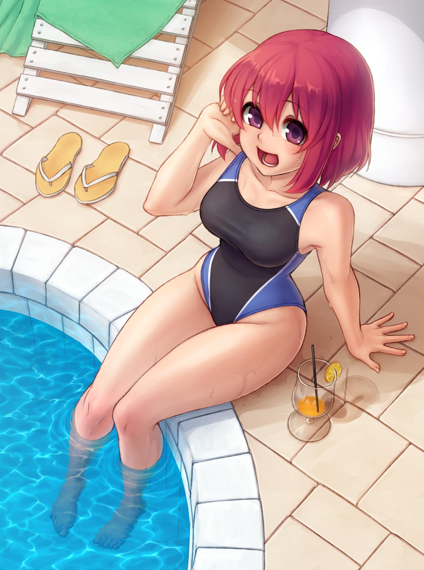 1girl :d bangs bare_shoulders barefoot collarbone commentary cup drinking_glass drinking_straw english_commentary eyebrows_visible_through_hair flip-flops full_body hair_between_eyes hand_up highres kushieda_minori looking_at_viewer monorus one-piece_swimsuit open_mouth pink_eyes pink_hair pool sandals short_hair sitting smile solo swimsuit thighs toradora! water water_drop wet