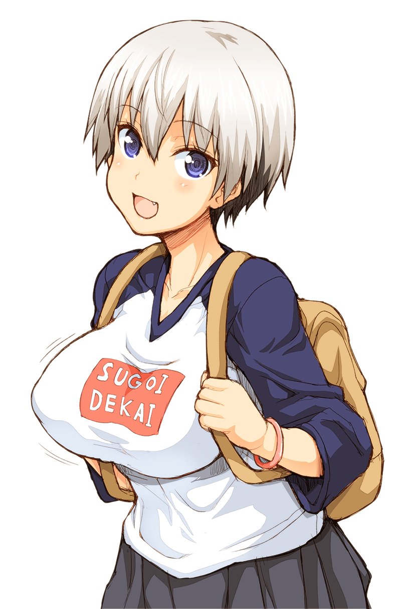1girl :d backpack bag black_skirt blue_eyes breasts commentary_request eyebrows_visible_through_hair fang grey_hair hagiya_masakage head_tilt highres large_breasts leaning_forward looking_at_viewer motion_lines open_mouth pleated_skirt print_shirt raglan_sleeves romaji_text shirt short_hair simple_background skirt smile solo standing upper_body uzaki-chan_wa_asobitai! uzaki_hana v-neck white_background white_shirt